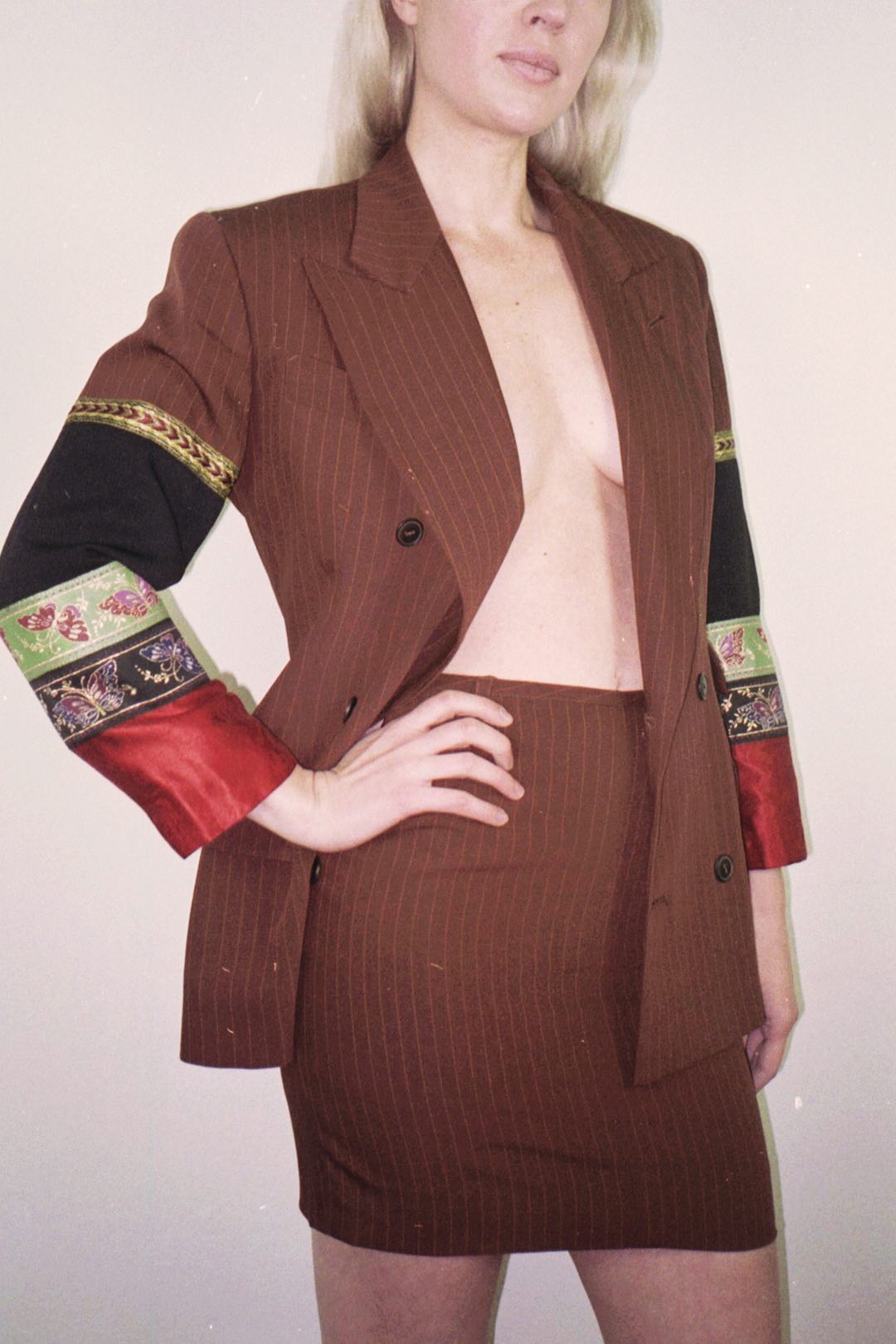 90's Jean Paul Gaultier pinstripe set with sleeve embellishments